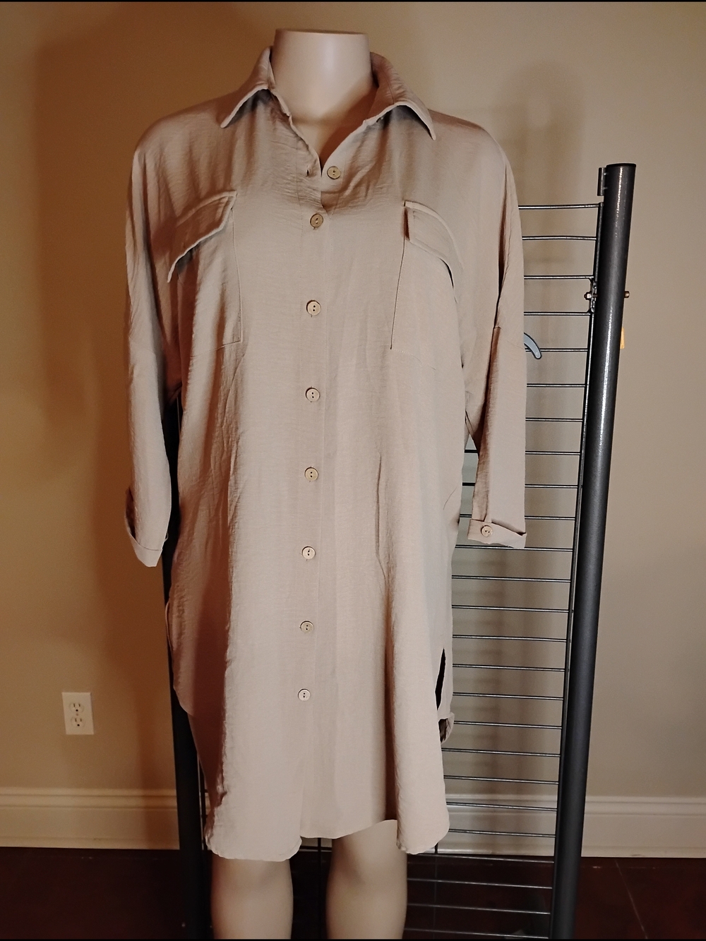 Light Beige Button-Front Shirt Dress